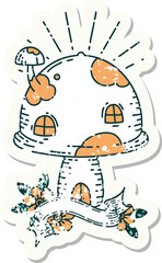 worn old sticker of a tattoo style toadstool house