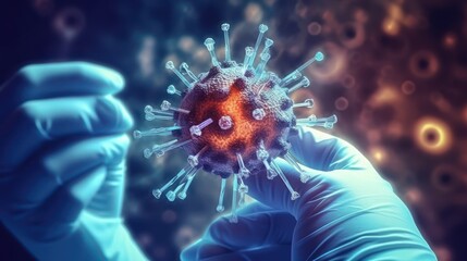 Gloved hand administering vaccine to virus representation