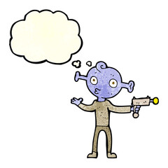 cartoon alien with ray gun with thought bubble