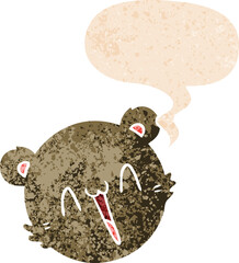 cute cartoon teddy bear face with speech bubble in grunge distressed retro textured style