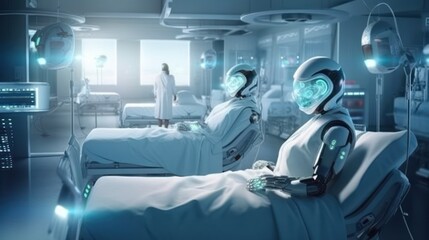 Robotic nurses in futuristic hospital room