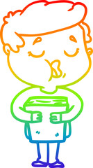 rainbow gradient line drawing of a cartoon man holding book and singing