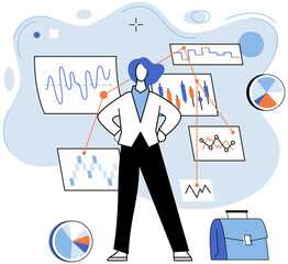 Business data analysis vector illustration. Information is fuel propelling engine strategic analysis Occupation flourishes in landscape financial investigation Data analysis is key unlocks door