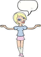 Obraz premium cartoon woman making open arm gesture with speech bubble