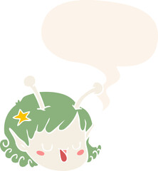 cartoon alien space girl face with speech bubble in retro style