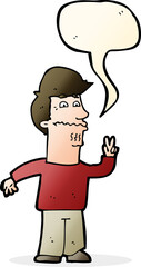 cartoon man giving peace sign with speech bubble
