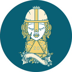 Retro Tattoo Style half orc fighter with natural 20 dice roll