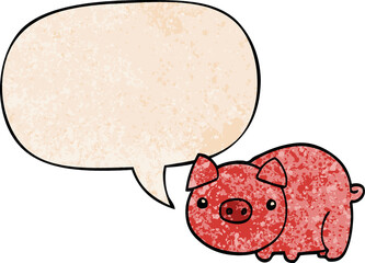 cartoon pig with speech bubble in retro texture style
