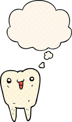 cartoon tooth with thought bubble in comic book style