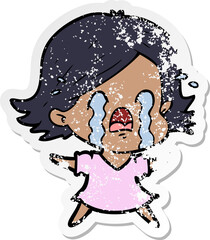 distressed sticker of a cartoon woman crying
