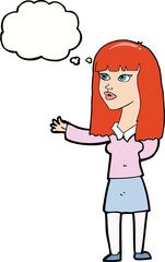 cartoon woman gesturing to show something with thought bubble