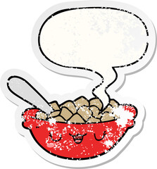 cute cartoon bowl of cereal with speech bubble distressed distressed old sticker