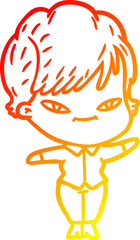 warm gradient line drawing of a cartoon happy woman