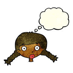 cartoon confused female face with thought bubble