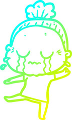 cold gradient line drawing of a cartoon crying old lady