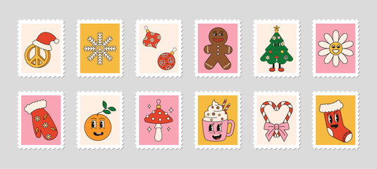 Christmas postage stamps in Groove hippie style. Merry Christmas and Happy New year trendy vintage retro cartoon characters. Vector illustration. 