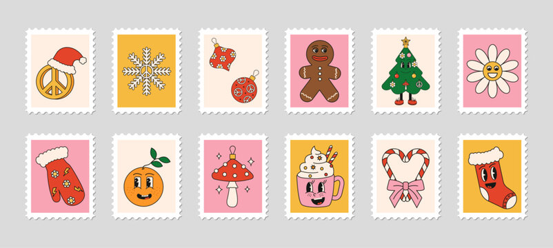 Christmas postage stamps in Groove hippie style. Merry Christmas and Happy New year trendy vintage retro cartoon characters. Vector illustration. 