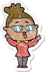 distressed sticker of a cartoon happy woman wearing spectacles