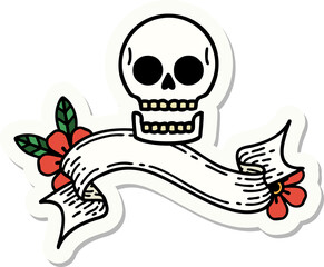 tattoo style sticker with banner of a skull