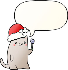cute cartoon christmas cat with speech bubble in smooth gradient style