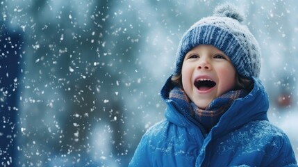Funny excited little boy in blue winter clothes walks during a snowfall.