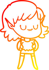 warm gradient line drawing of a happy cartoon elf girl