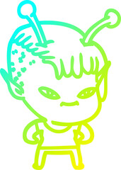 cold gradient line drawing of a cute cartoon alien girl