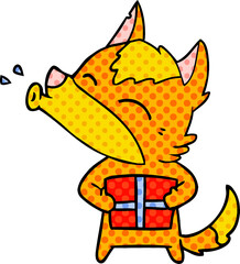 fox cartoon character with present