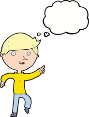cartoon happy pointing with thought bubble