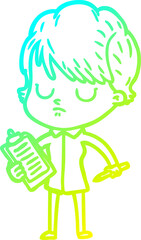 cold gradient line drawing of a cartoon woman