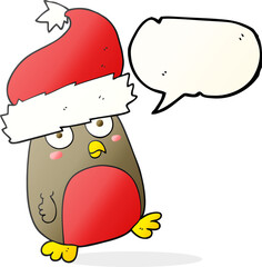 freehand drawn speech bubble cartoon christmas robin wearing christmas hat