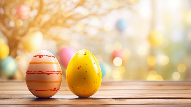 Captivating high-definition image showcasing a vibrant Easter egg double border against a sunny yellow wood background, perfect for a cheerful and festive Easter atmosphere