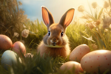 Fototapeta na wymiar Cute Bunny With Easter Eggs and flowers on green grass field spring meadow. Generative Ai