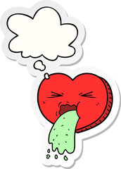 cartoon love sick heart with thought bubble as a printed sticker
