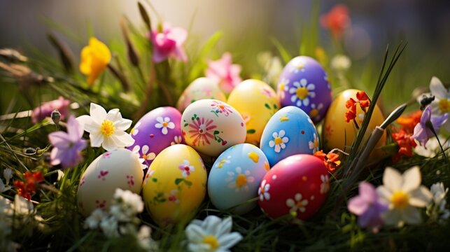 Captivating high-definition image featuring Easter eggs delicately decorated with flowers, arranged in the vibrant grass, capturing the spirit of spring