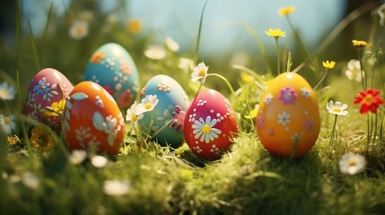 Charming Easter eggs embellished with beautiful flowers, placed in the fresh green grass, creating...