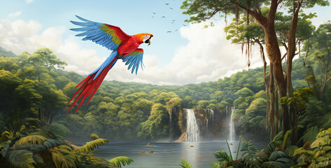 a little red macaw flying over amazon river, parrot in the sky