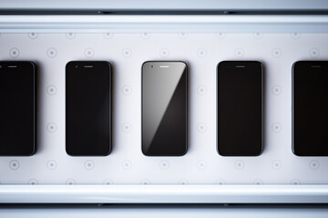 Top-View Display of Five Sleek Black Smartphones Lined Up on Dotted Shelf