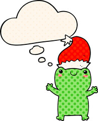 cute christmas frog with thought bubble in comic book style