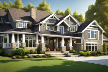 close up view, 3d outstanding exterior , new built luxury home, Yard with green grass and walkway lead to beautiful designed covered porch and front entrance. - obrazy, fototapety, plakaty