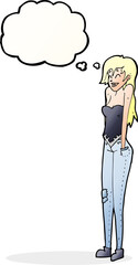 Obraz premium cartoon pretty woman shrugging shoulders with thought bubble