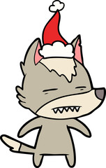 hand drawn line drawing of a wolf showing teeth wearing santa hat