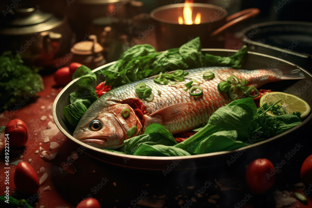 Wall mural Gourmet fresh ingredient diet meal delicious food fish dinner healthy seafood cook background