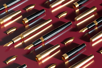 Array of Sophisticated Fountain Pens Displayed on a Lustrous Red Background
