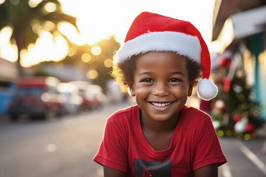 niño sonriente de raza negra con gorro de papá noel, con fondo desenfocado de una aldea de un país africano con gente  y tiendas