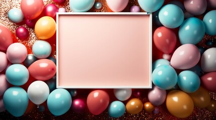 Fototapeta na wymiar Empty Frame with colorful party balloons and confetti on wooden table, Mockup for design, space for text, Background for festive text for a holiday or birthday patry banner.