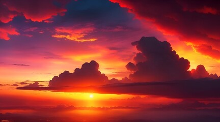 Sunset is a deep black. Evening sky with dramatic clouds. Space for design in fiery sky. The sky is a magical fantasy. Concept of war, warfare, dread, world catastrophe, and horror