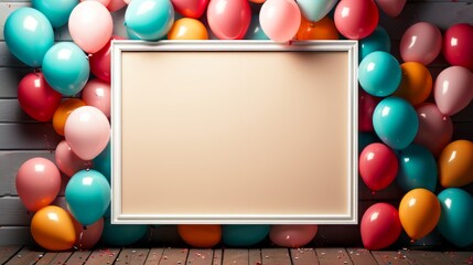 Empty Frame with colorful party balloons and confetti on wooden table, Mockup for design, space for text, Background for festive text for a holiday or birthday patry banner.