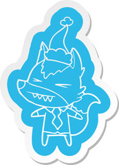angry wolf boss quirky cartoon  sticker of a wearing santa hat