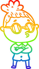 rainbow gradient line drawing of a cartoon woman wearing glasses